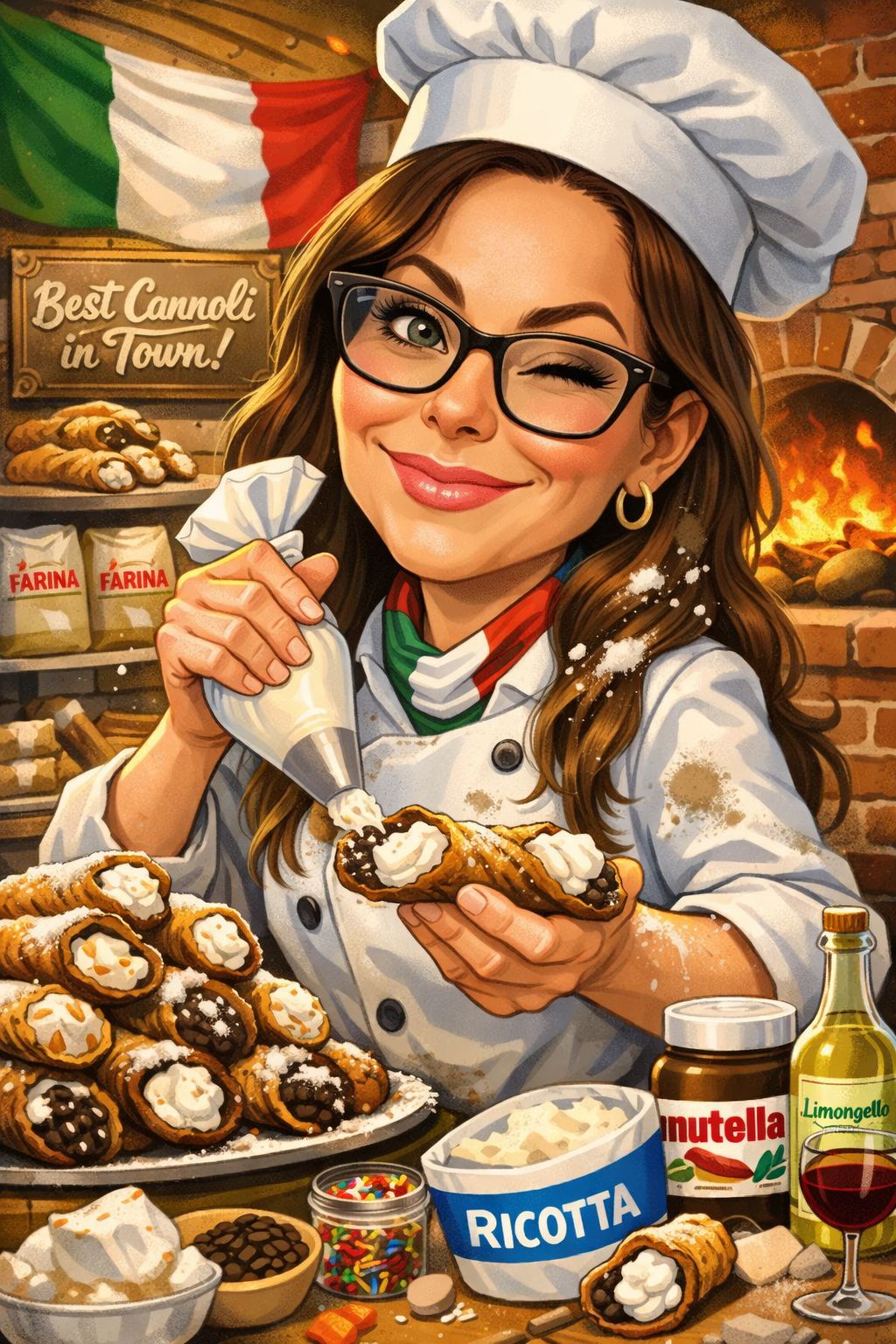 Crazy Cannoli Chick mascot filling a cannoli with ricotta cream